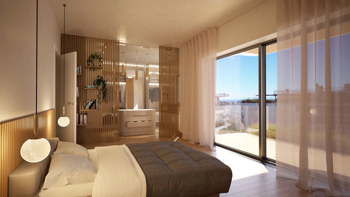 Bedroom view with large glass door to the balcony